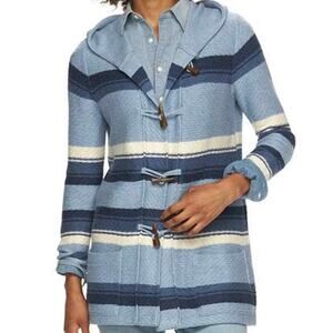 Chaps Toggle Hooded Cardigan Jacket MEDIUM Blue Striped Knit Cotton Blend Casual